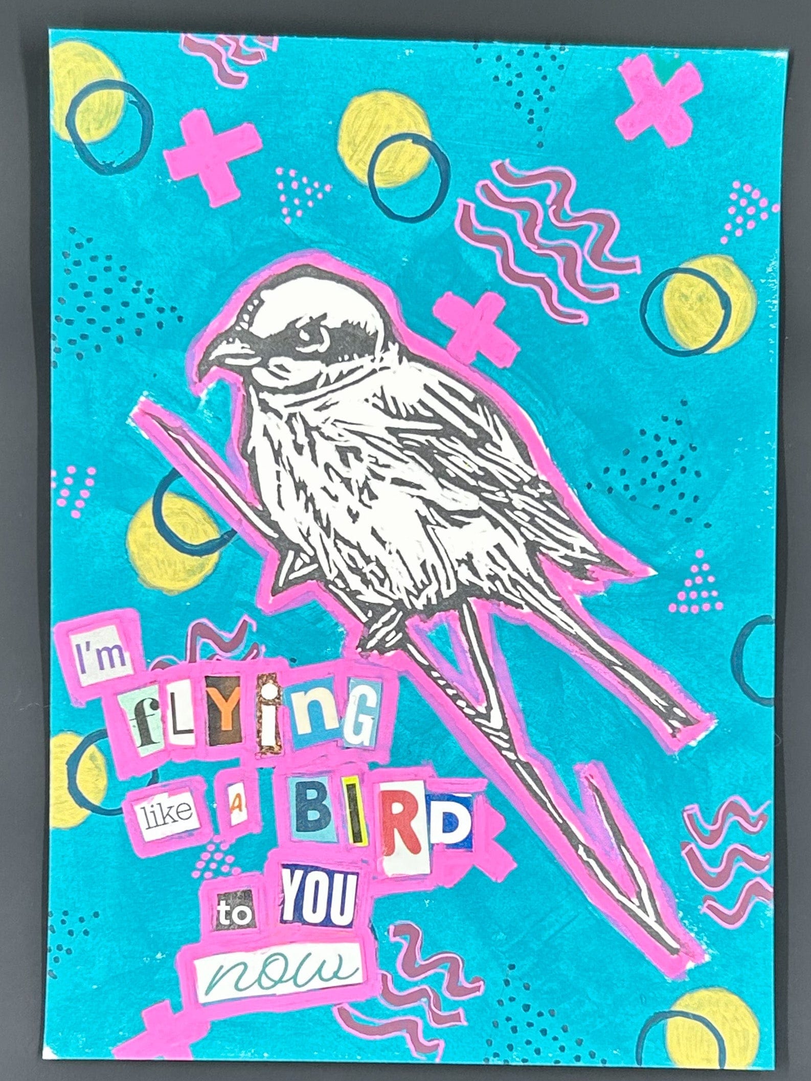 Sarah Louise Windisch | Printmaker flying like a bird "Shrike" – Linocut & Collage