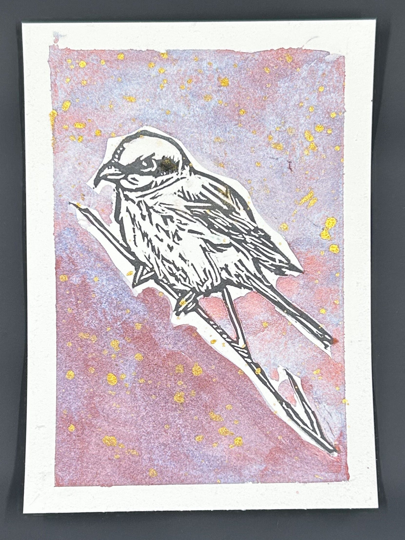 Sarah Louise Windisch | Printmaker grey sky - no words "Shrike" – Linocut & Collage