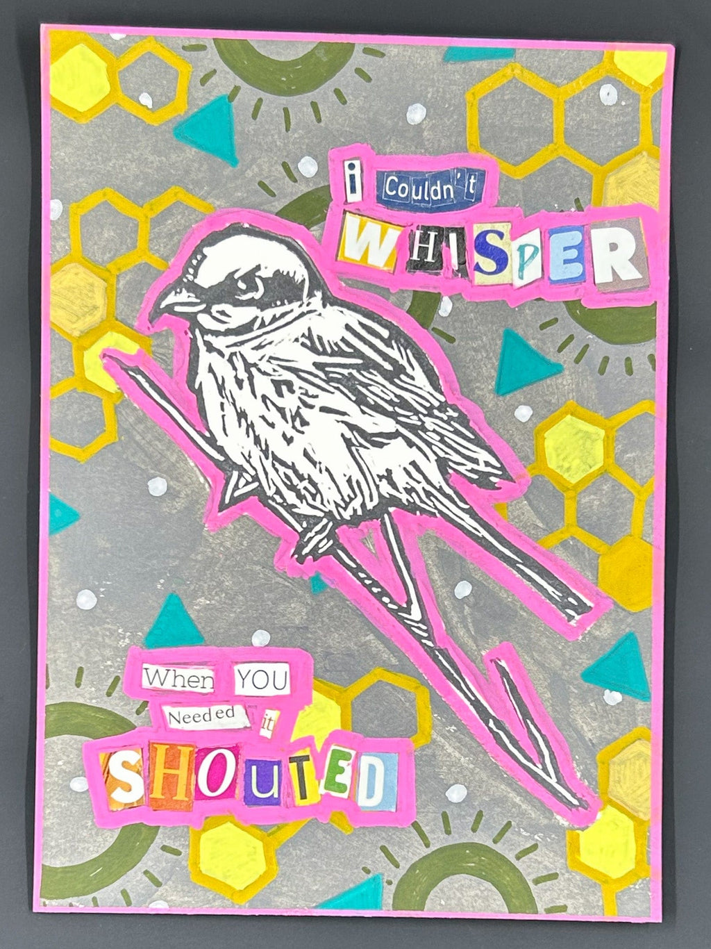 Sarah Louise Windisch | Printmaker I couldn't whisper "Shrike" – Linocut & Collage