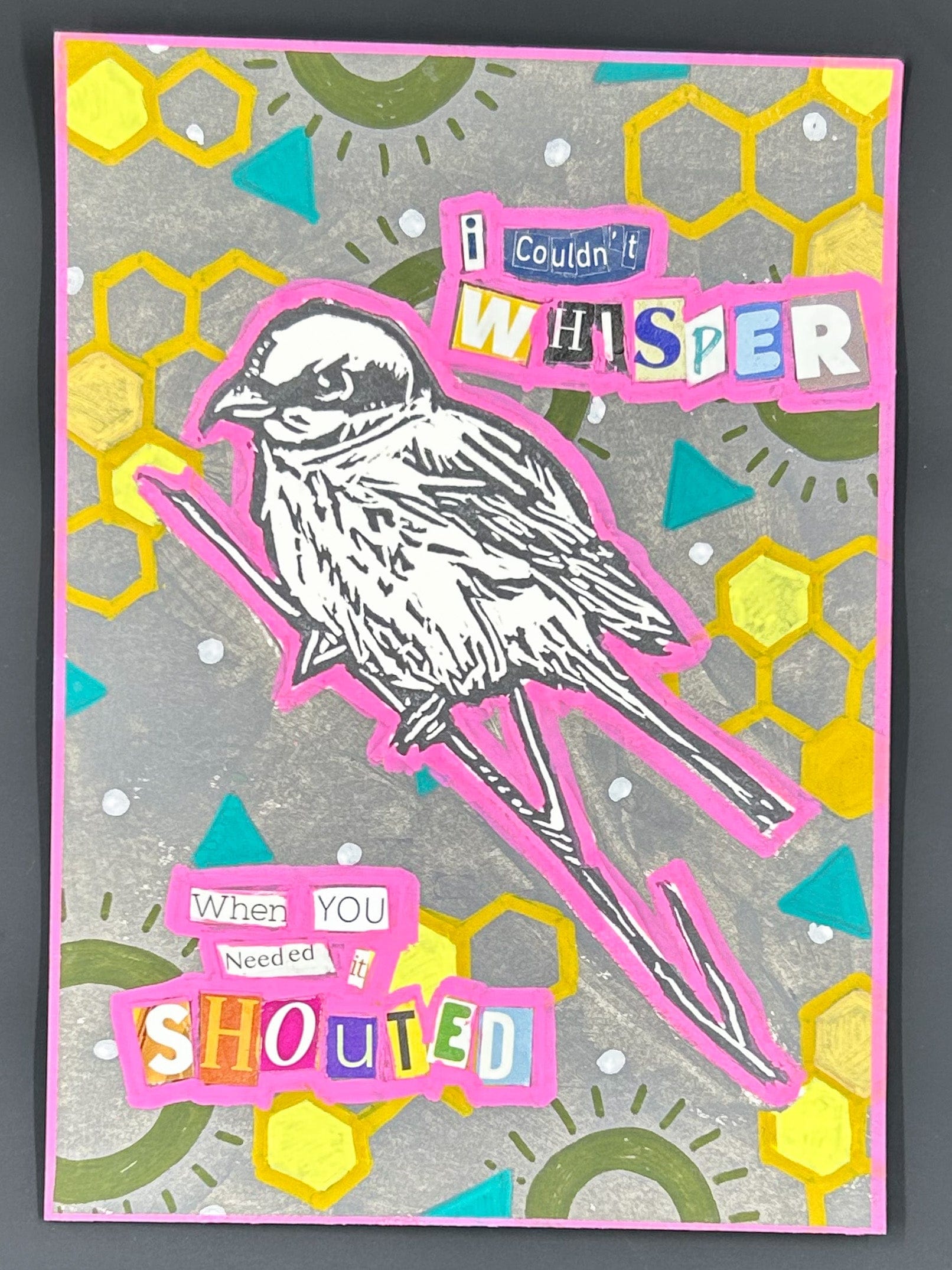 Sarah Louise Windisch | Printmaker I couldn't whisper "Shrike" – Linocut & Collage