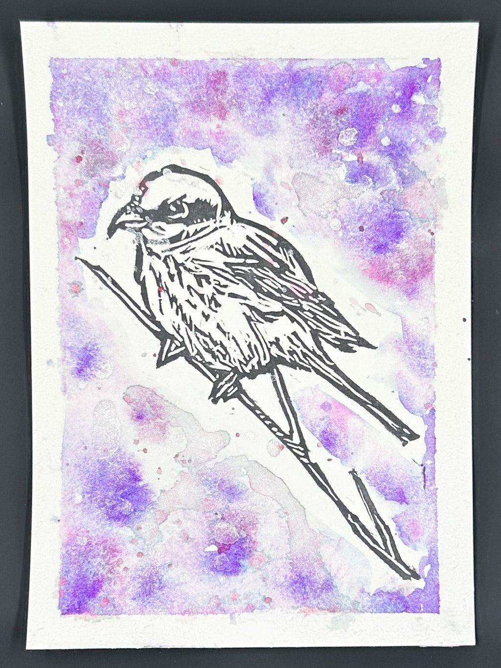 Sarah Louise Windisch | Printmaker lavender blur - no words "Shrike" – Linocut & Collage