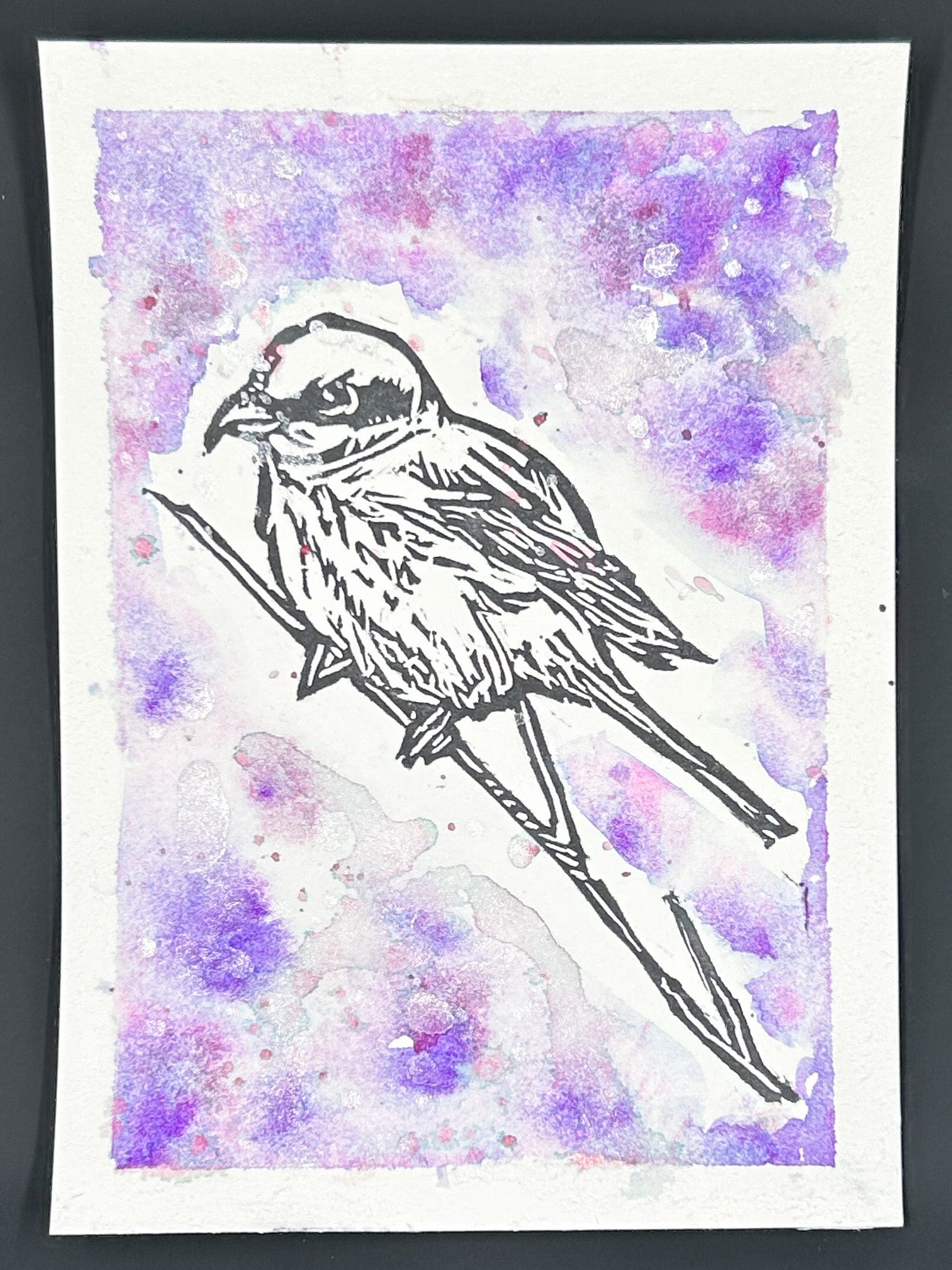 Sarah Louise Windisch | Printmaker lavender blur - no words "Shrike" – Linocut & Collage
