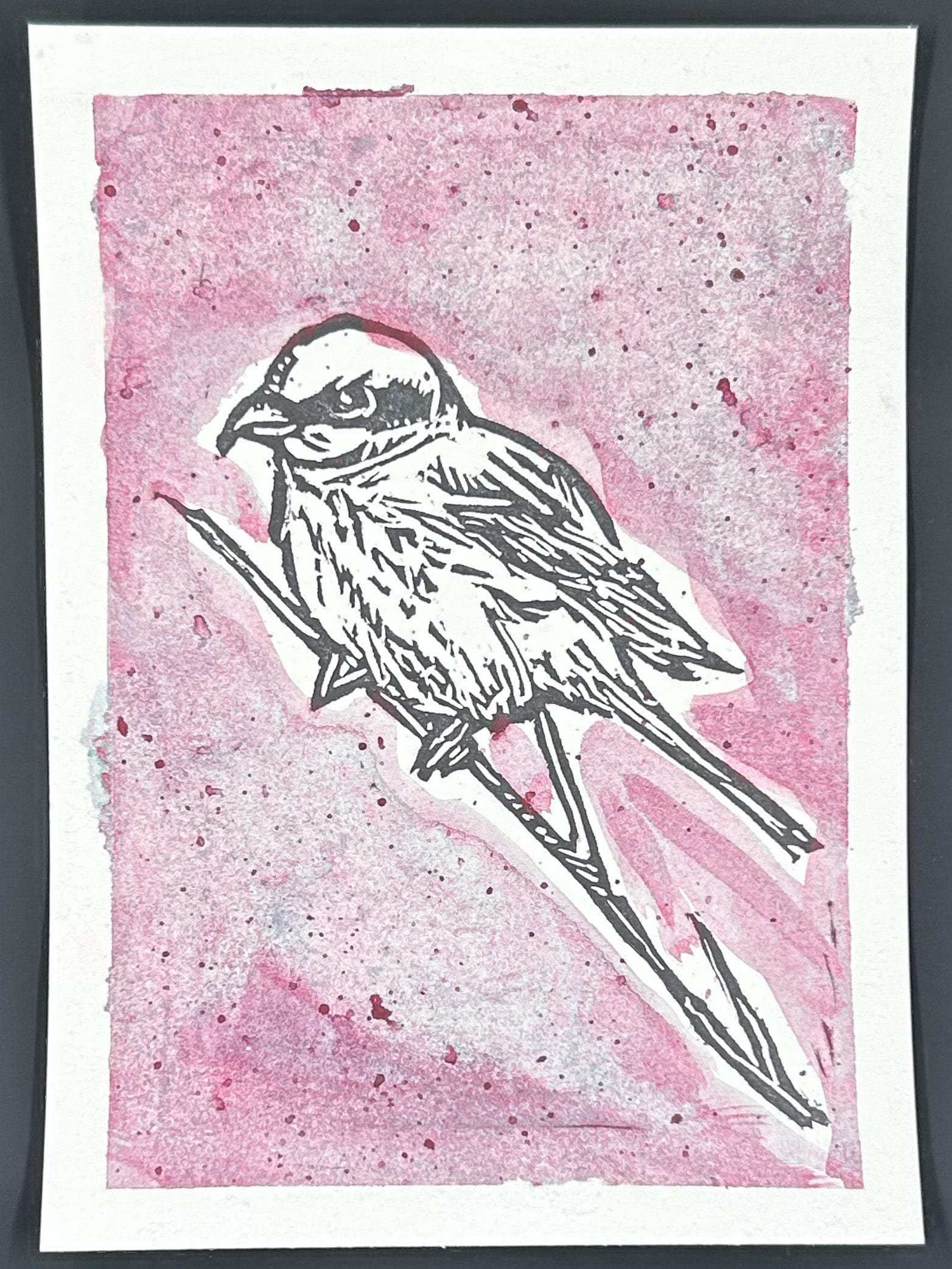 Sarah Louise Windisch | Printmaker maroon splatter - no words "Shrike" – Linocut & Collage