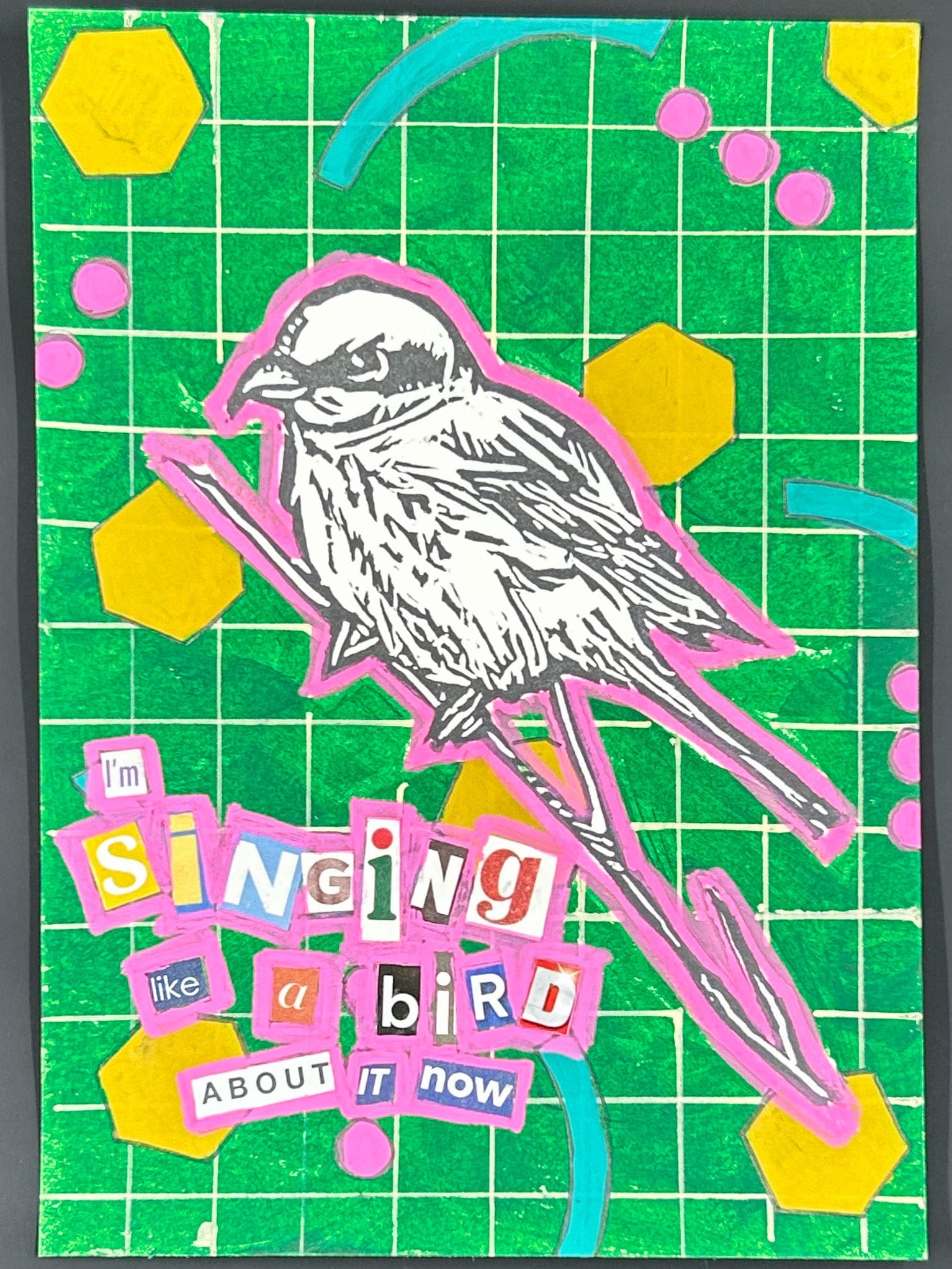 Sarah Louise Windisch | Printmaker singing like a bird "Shrike" – Linocut & Collage