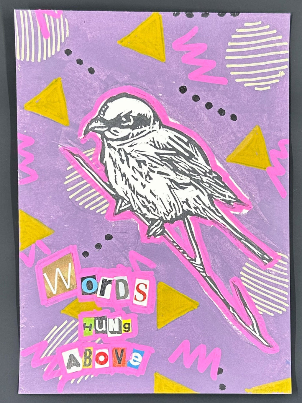 Sarah Louise Windisch | Printmaker words hung above "Shrike" – Linocut & Collage