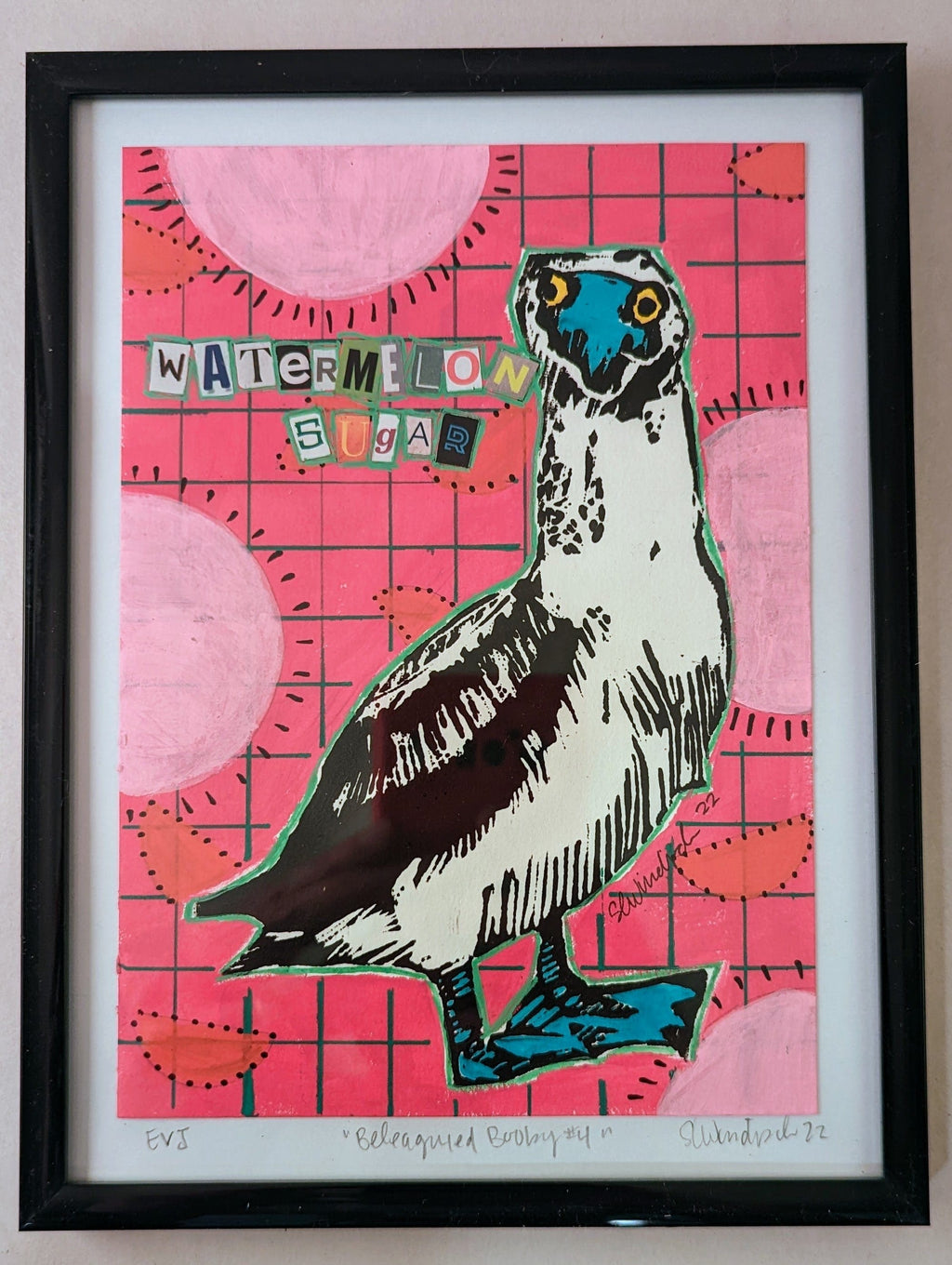 Sarah Louise Windisch | Printmaker Original Artwork Beleagured Booby #4 - Watermelon Sugar Original Artwork - Angry Animals Series
