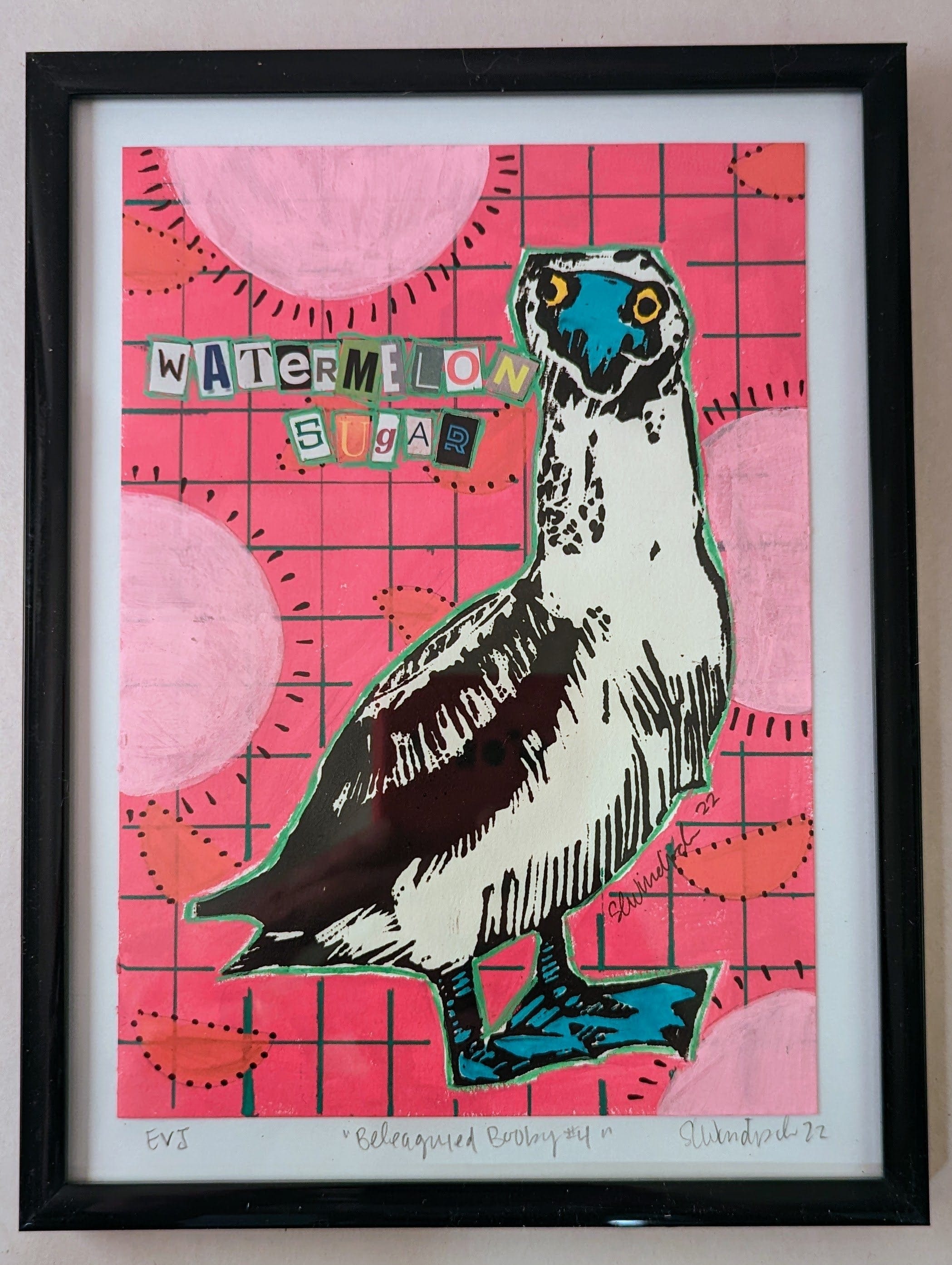 Sarah Louise Windisch | Printmaker Original Artwork Beleagured Booby #4 - Watermelon Sugar Original Artwork - Angry Animals Series