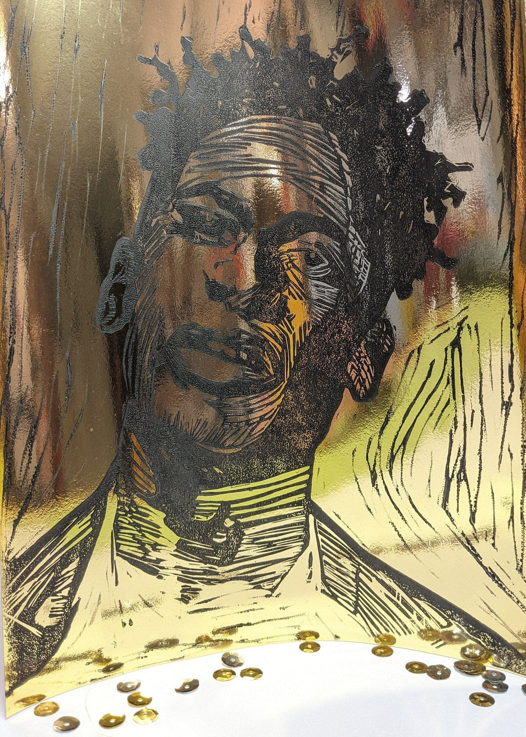 Sarah Louise Windisch | Printmaker Original Artwork - Jon Batiste Portrait on Gold Foil