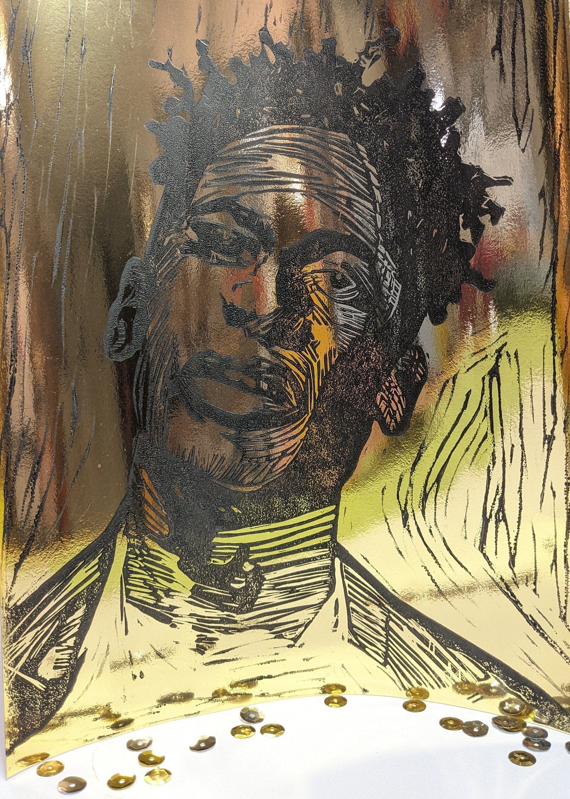 Sarah Louise Windisch | Printmaker Original Artwork - Jon Batiste Portrait on Gold Foil